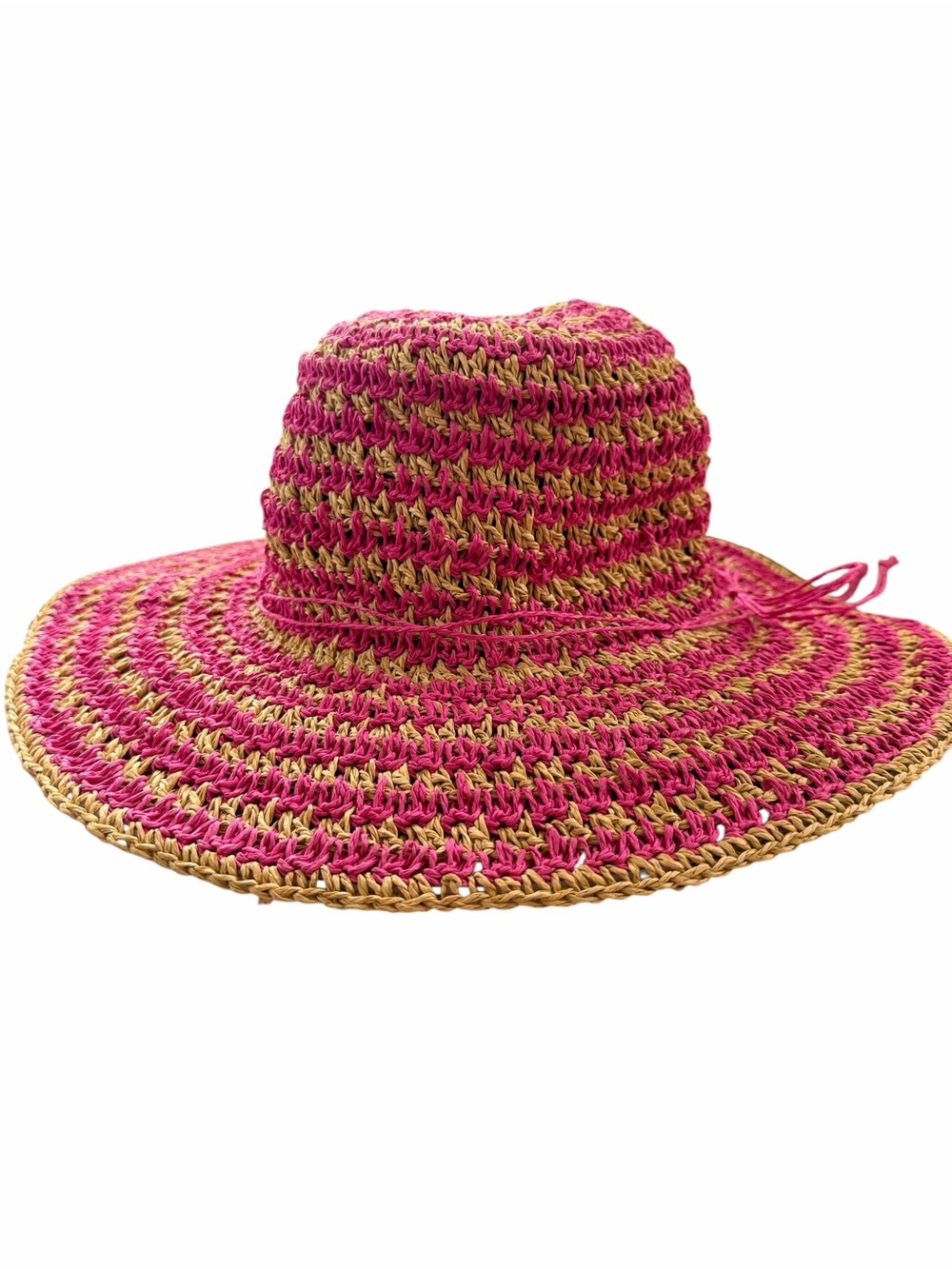 Nine West Crochet Raffia Wide Brim Sun Hat Pink Beach Resort Boho